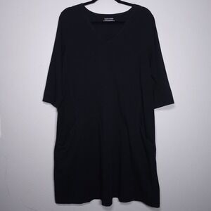 Eileen Fisher Dress Large Black Ethical Organic Cotton Stretch V-Neck Pockets‎